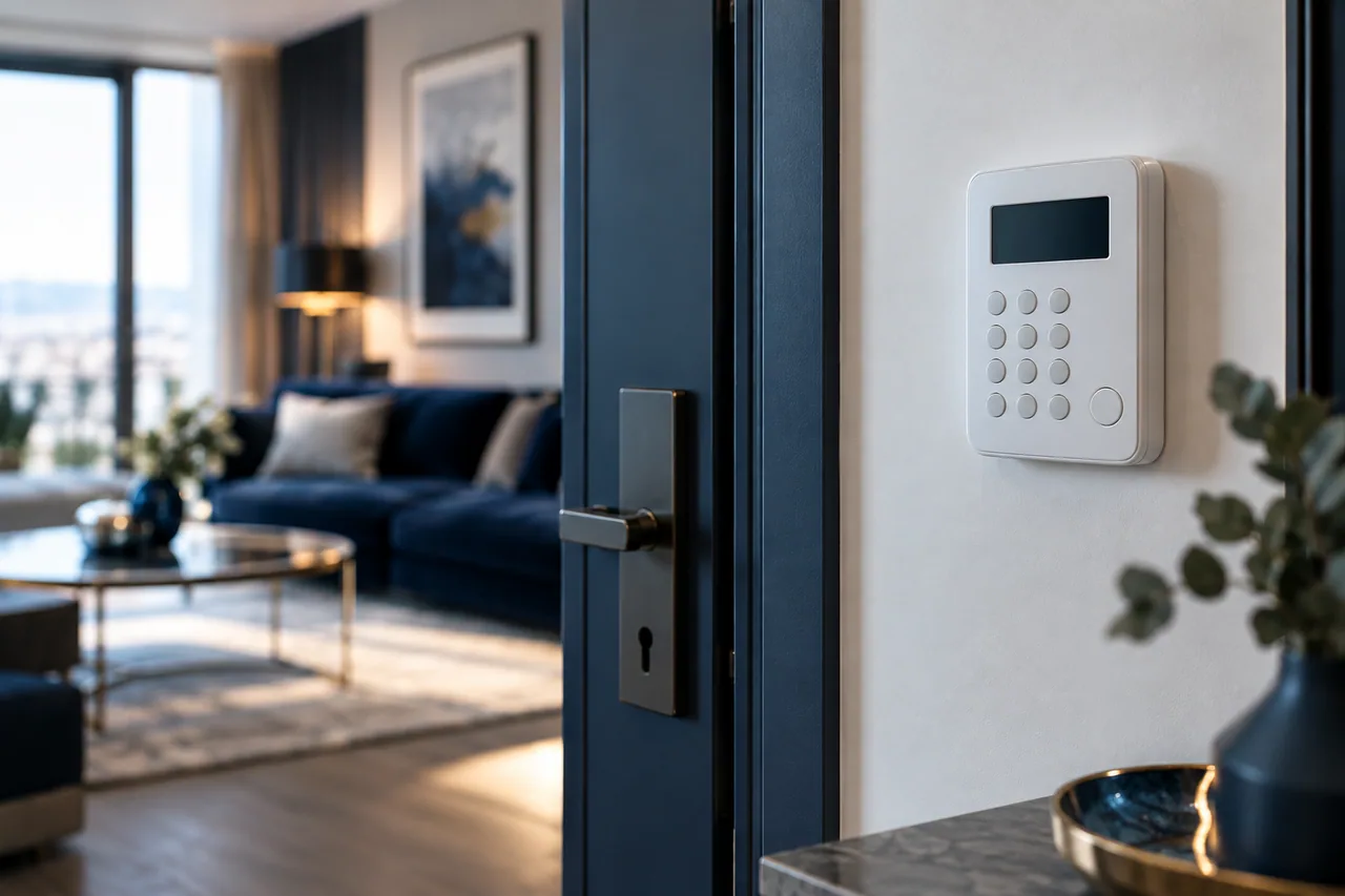 Ekranı ve tuşları görünen duvar tipi alarm paneli