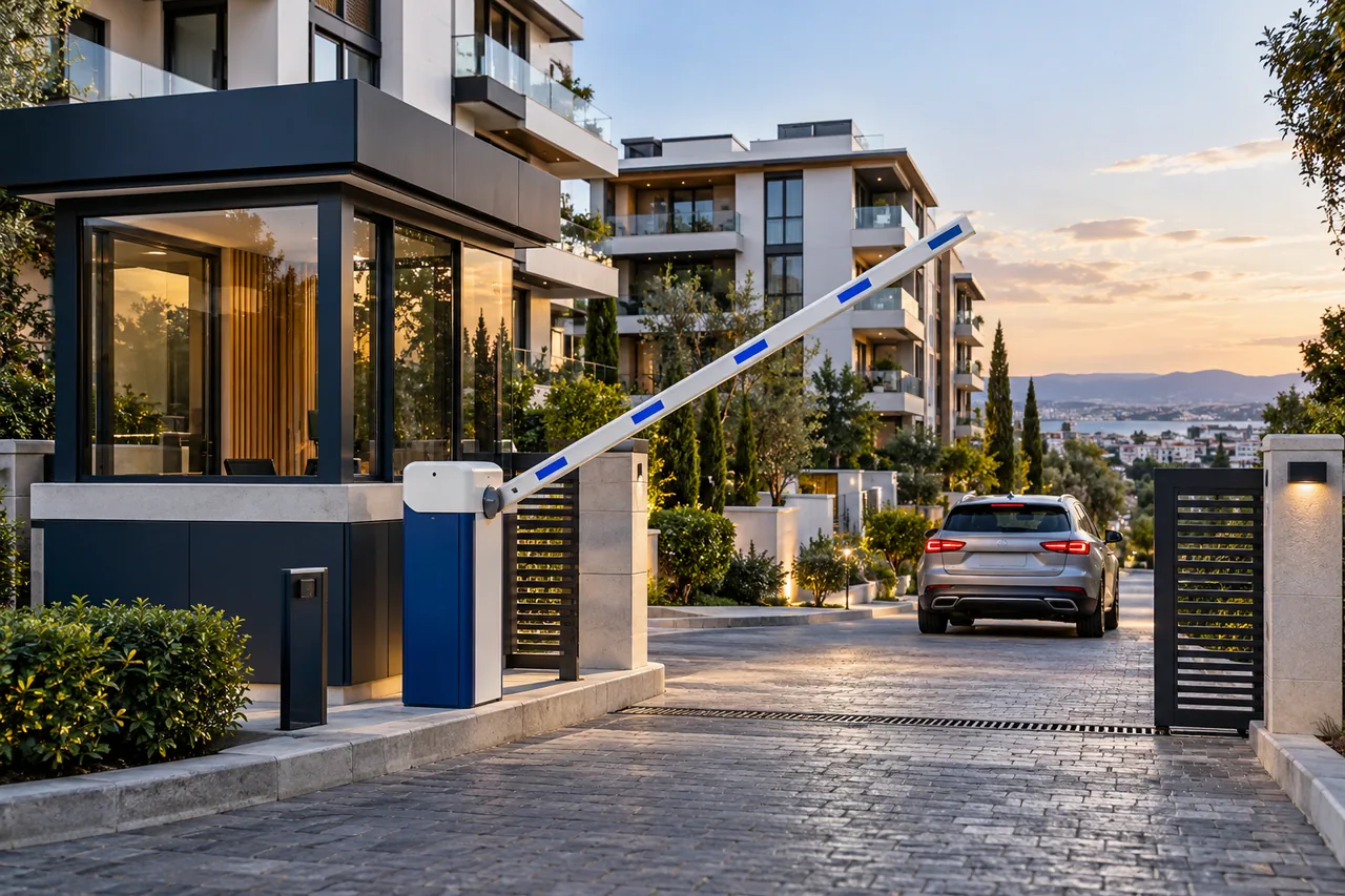 Site girişinde motor ünitesi ve kolu görünen araç bariyeri