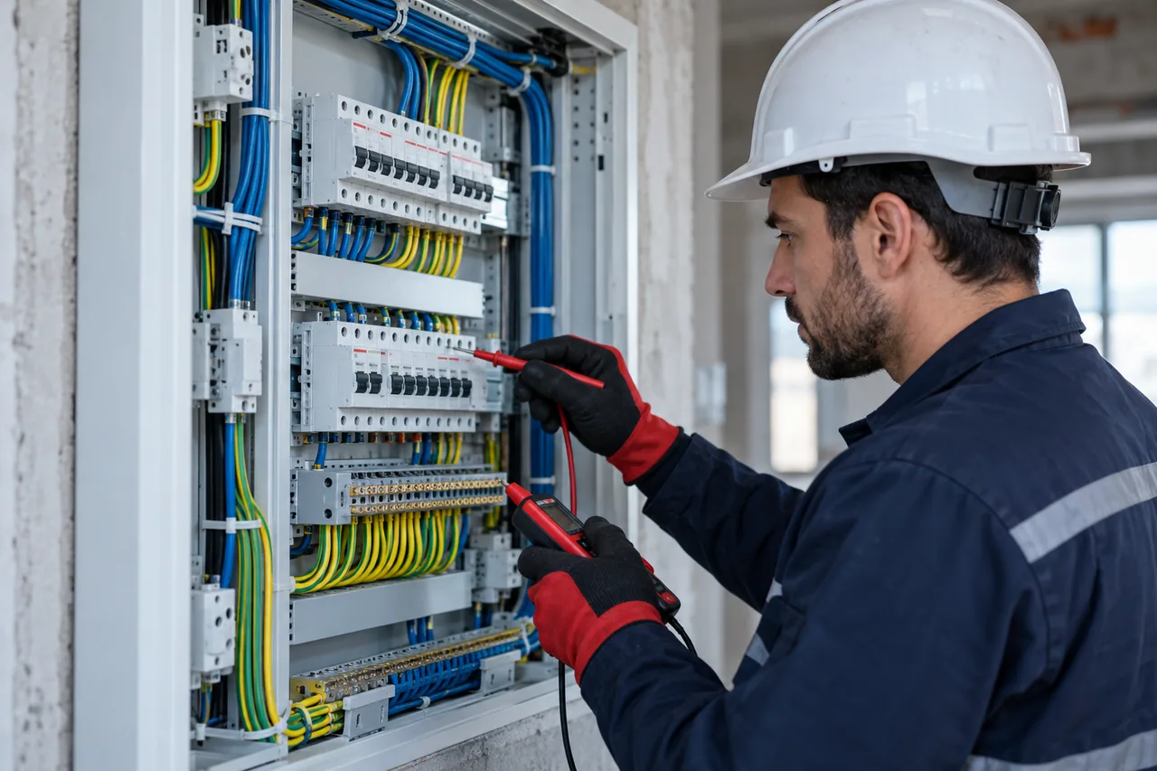 Düzenli elektrik panosunda çalışan teknisyen