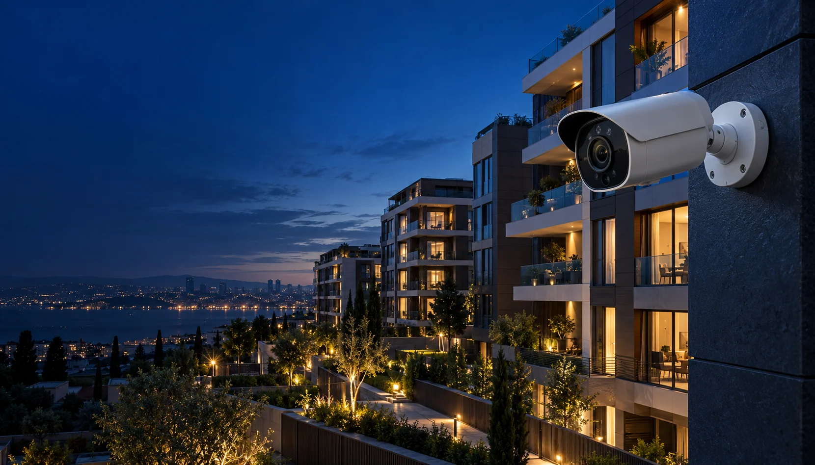 Modern konut yapıları ve ön planda güvenlik kamerası